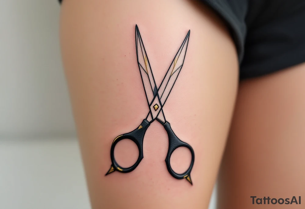 Geometric Scissors Tattoo – Scissors designed with sharp, angular lines and black ink to create a modern, minimalist geometric shape. The blades could have accents of gold to highlight their cutting edges. tattoo idea