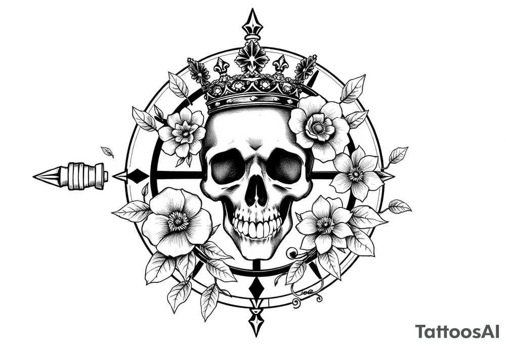 Compass with detailed beautiful gothic boho flowers on vine and skull with gorgeous crown tattoo idea
