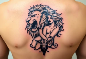 Roaring Leo lion holding virgo woman with wavy hair, add Sagittarius bow and Capricorn goat below these tattoo idea
