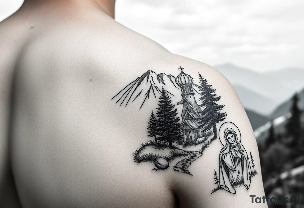 Mountainous valley with creek and a few trees with a Russian orthodox kazan scene covering my shoulder entering my upper arm with a Russian orthodox Virgin Mary tattoo idea
