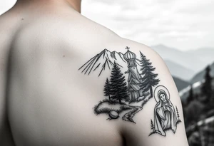 Mountainous valley with creek and a few trees with a Russian orthodox kazan scene covering my shoulder entering my upper arm with a Russian orthodox Virgin Mary tattoo idea