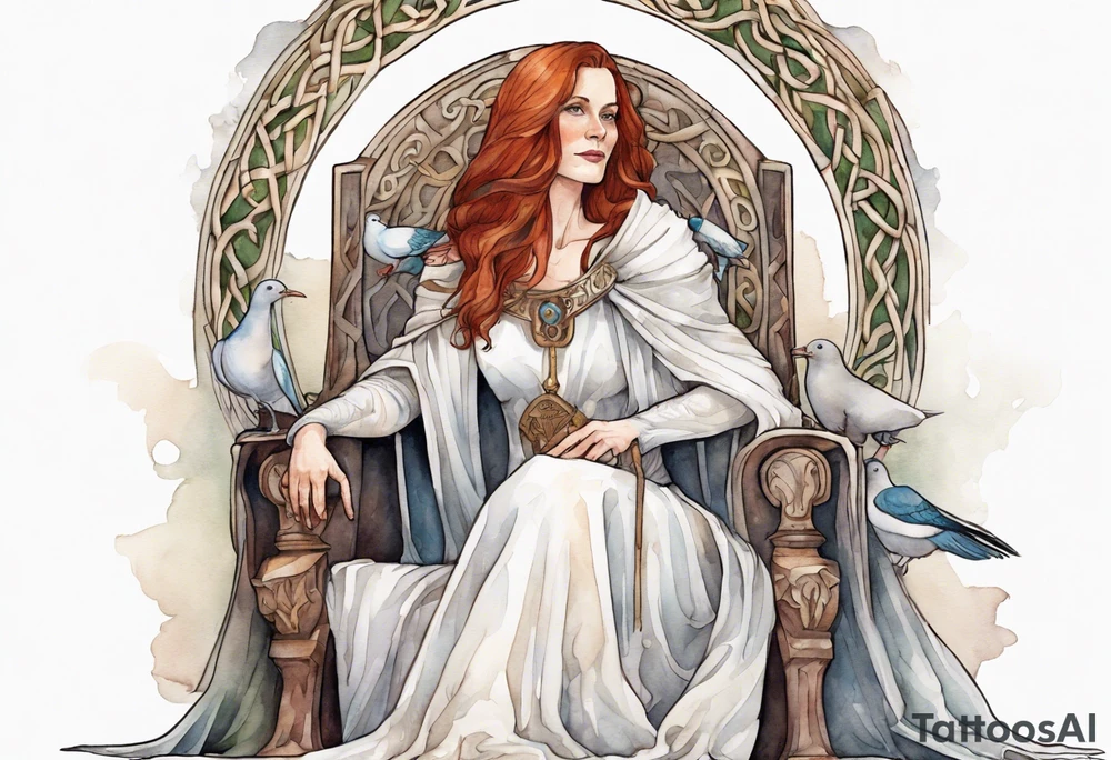 a 45-year-old medieval woman with auburn hair wearing a white feather cloak sitting on a throne with one dove perched on her shoulder tattoo idea