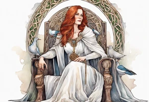 a 45-year-old medieval woman with auburn hair wearing a white feather cloak sitting on a throne with one dove perched on her shoulder tattoo idea