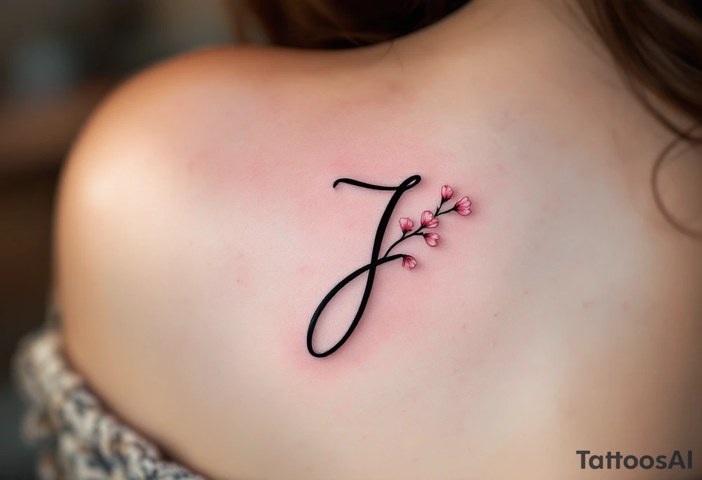 Classic script "J" in fine-line black ink, paired with a delicate pink cherry blossom. tattoo idea