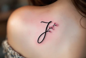 Classic script "J" in fine-line black ink, paired with a delicate pink cherry blossom. tattoo idea