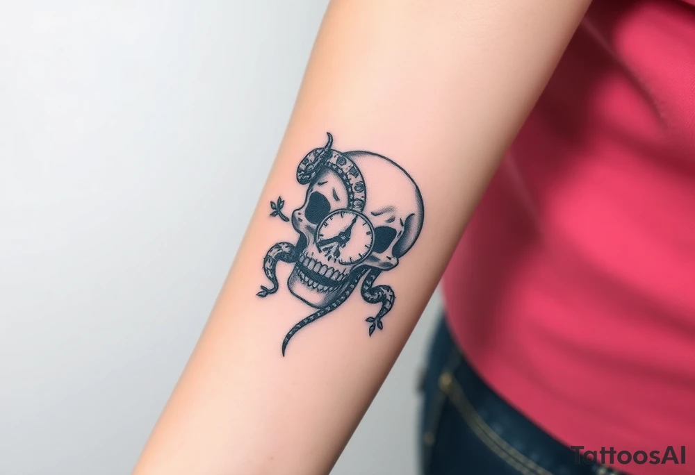 Skull with a snake going through its eyes or mouth include a clock and prickly vines tattoo idea