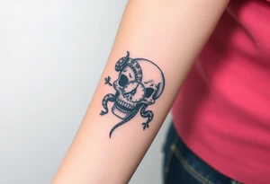 Skull with a snake going through its eyes or mouth include a clock and prickly vines tattoo idea