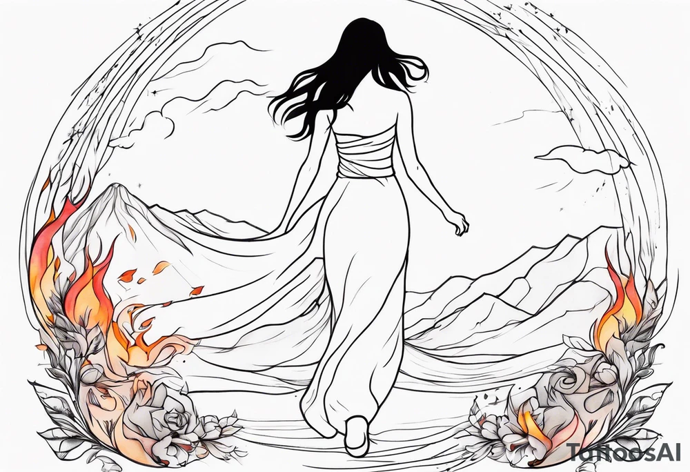 Resurrection strength and courage overcoming trauma Beautiful Woman walking away fire and chaos to inner peace and self-love  ethereal tattoo idea