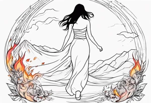 Resurrection strength and courage overcoming trauma Beautiful Woman walking away fire and chaos to inner peace and self-love  ethereal tattoo idea