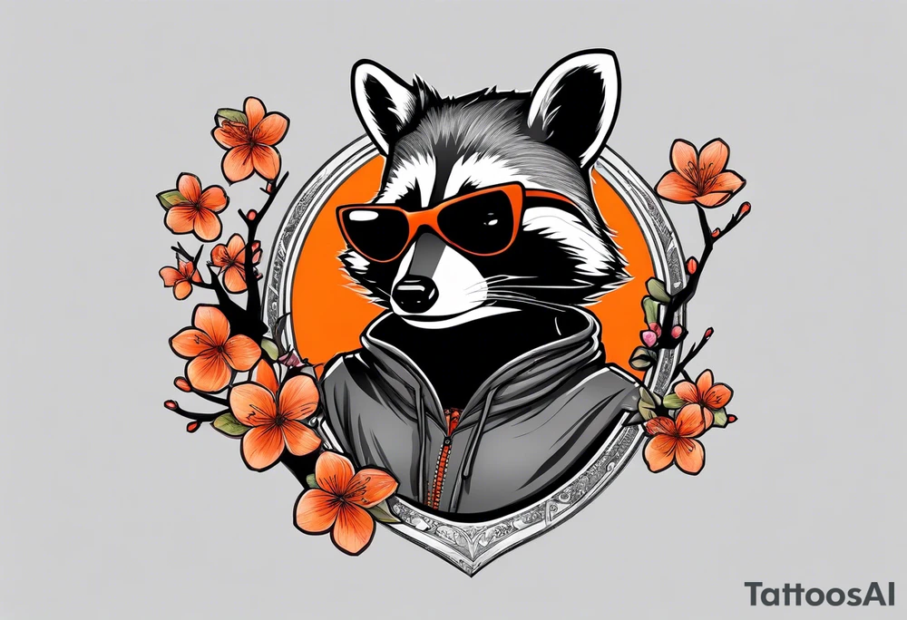raccoon wearing a black and white Superman hoodie and orange Japanese cherry blossoms tattoo idea