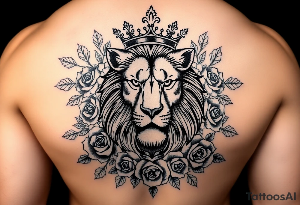 powerful majestic lion with a crown, surrounded by floral ornaments and roses tattoo idea
