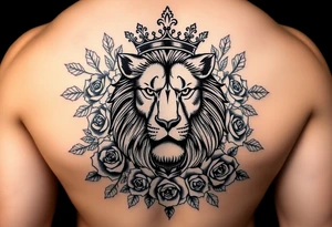powerful majestic lion with a crown, surrounded by floral ornaments and roses tattoo idea