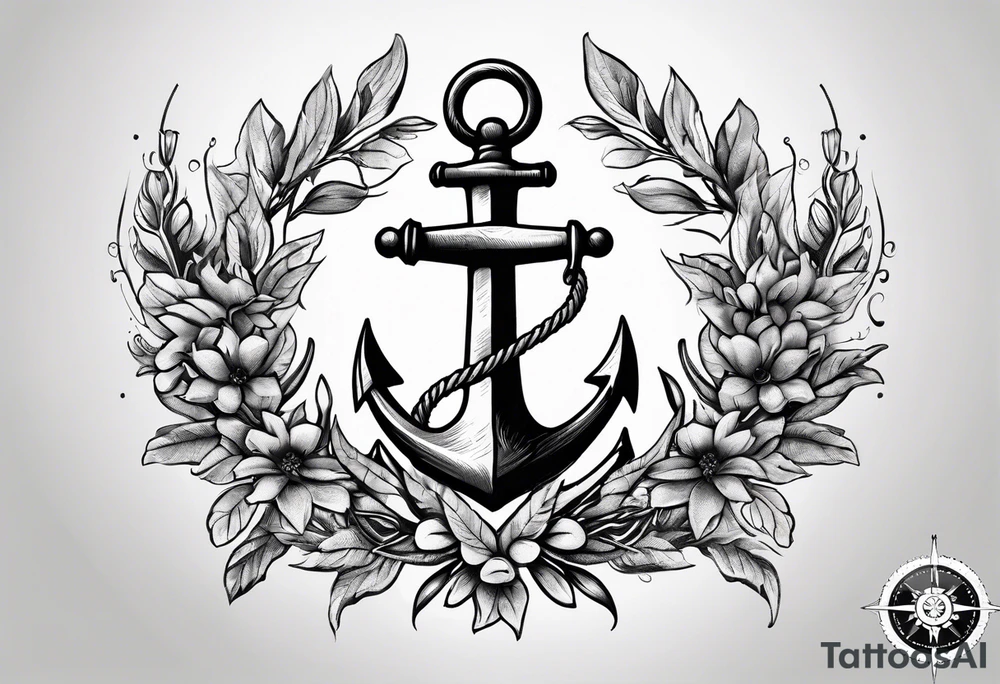 A selucid anchor tattoo with a compass and a olive branch wreathe tattoo idea