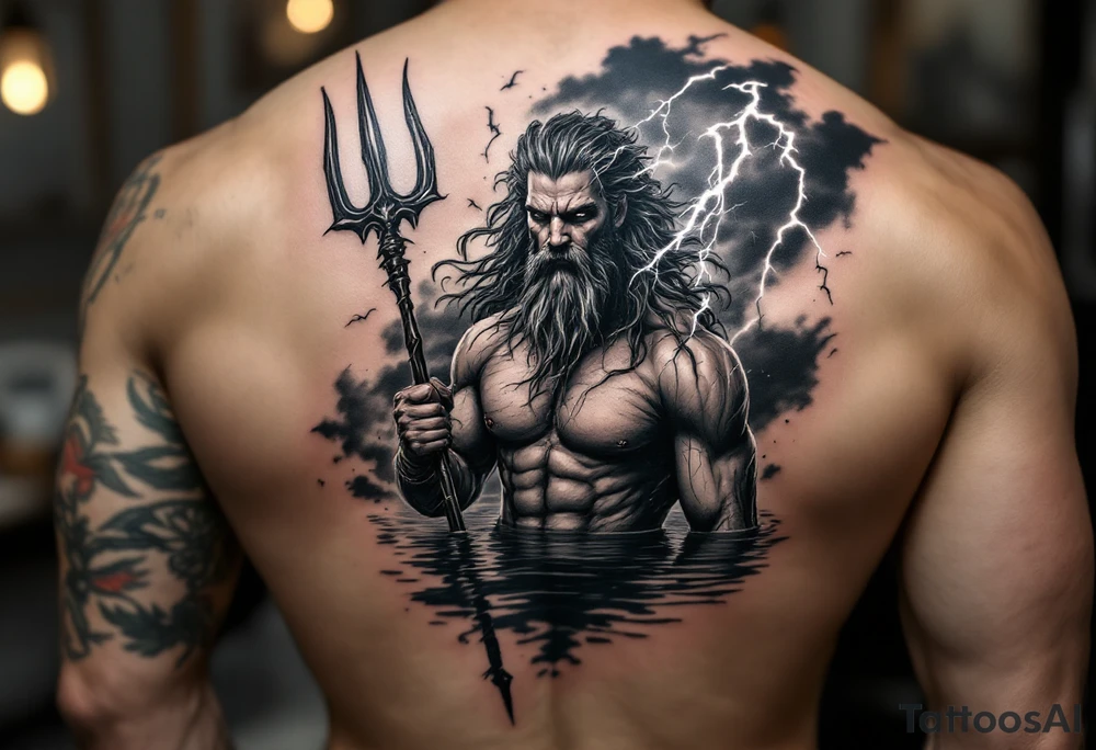 fit poseidon, behind a trident, with lightning, in calm water tattoo idea