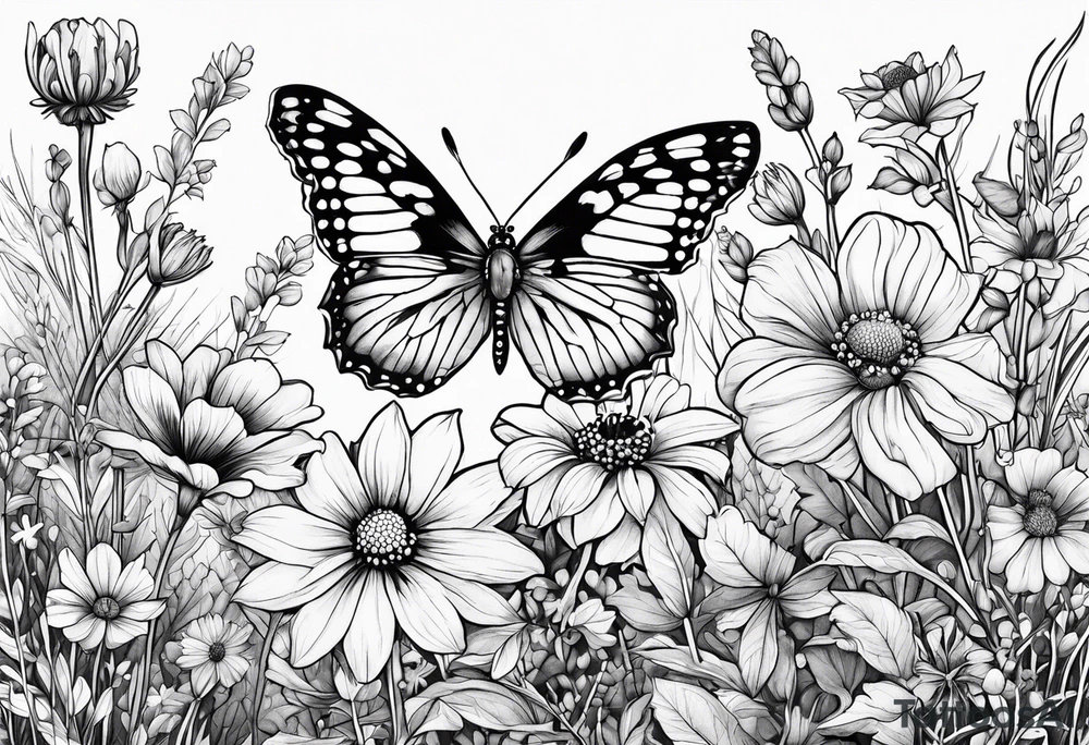 Wildflowers, prairie plants, small butterfly, ladybug tattoo idea