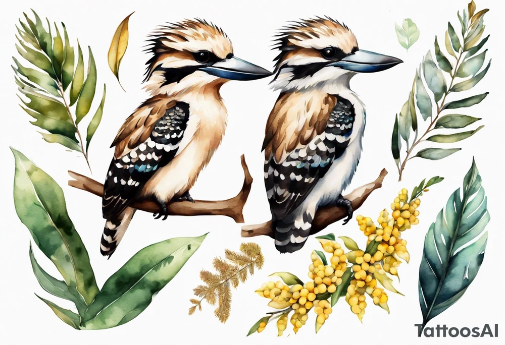 Small kookaburra sitting on wattle leaves tattoo idea