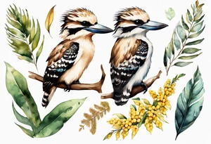 Small kookaburra sitting on wattle leaves tattoo idea