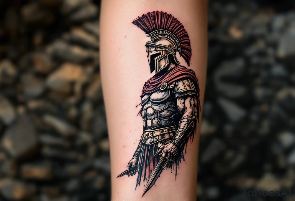 gladiator roman soldier provocator standing colosseum interior combat sword helmet cape sand wind legion trace tattoo idea