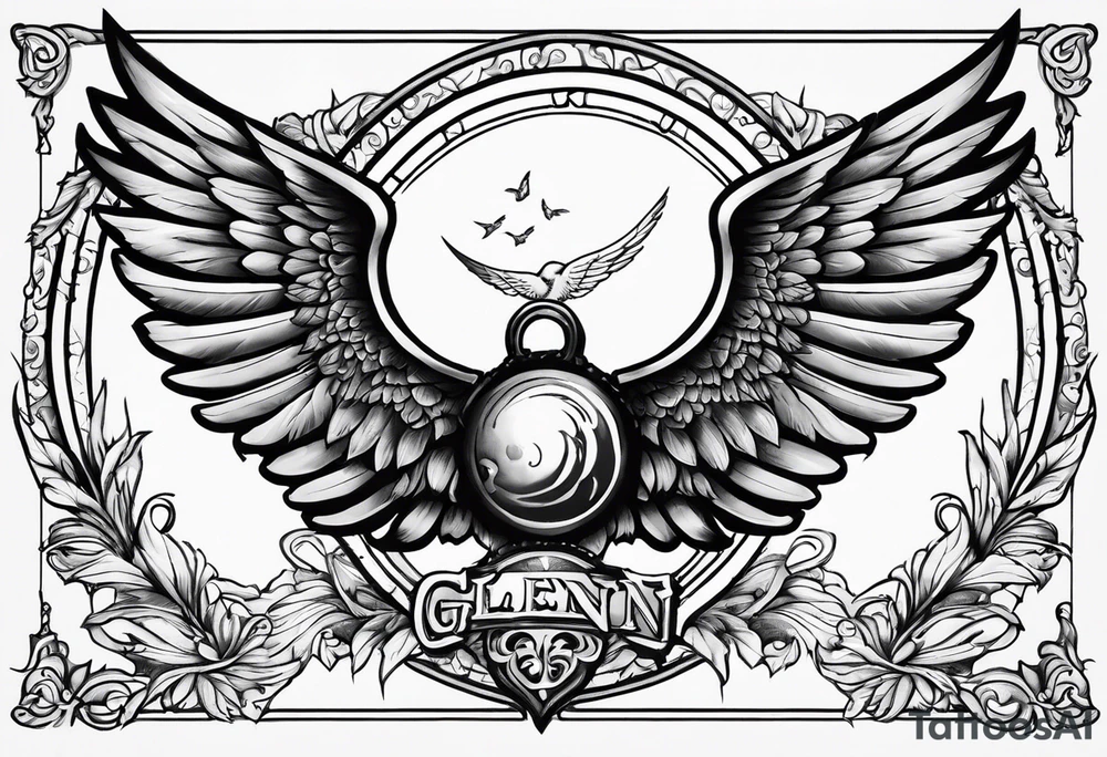 The word Glenn on a banner with angel Wings tattoo idea