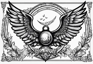 The word Glenn on a banner with angel Wings tattoo idea