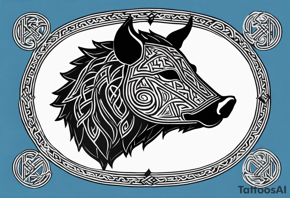 Side profile, Celtic, tribal, wild boar, On a Chatwin family crest with blue background, two gold stars, and a gold Chevron, and a Thistle tattoo idea
