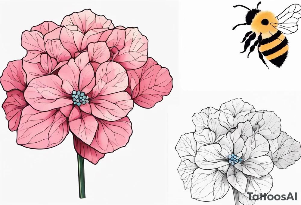 One Hydrangea flower with stem and a small bee. Small for forearm placement tattoo idea One Hydrangea flower with stem and a small bee. Small for forearm placement tattoo idea