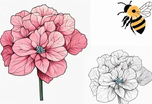 One Hydrangea flower with stem and a small bee. Small for forearm placement tattoo idea