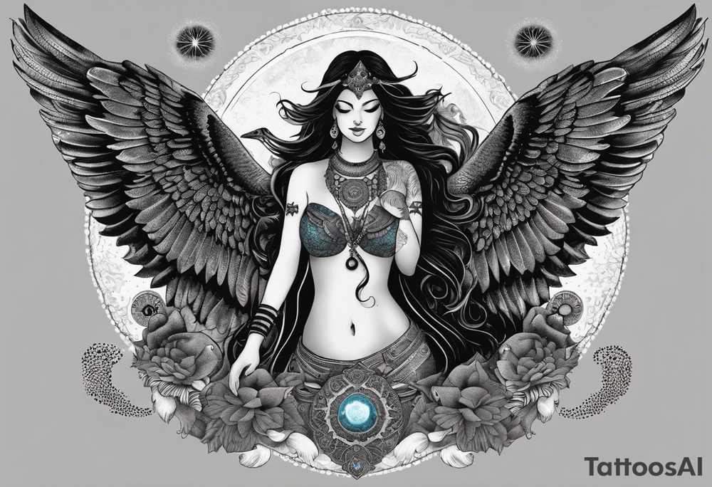 black kali, goddess pirate, alien, angel, pachamama, valkrye, warrior, flying, skull, lotus azul, wing, eagle, zenza resonance, stars, 5D, anahata chakra, death, durga, riding on a tiger, flying lady, kundalini, chest tatoo, samuri, rebel,serpent tattoo idea