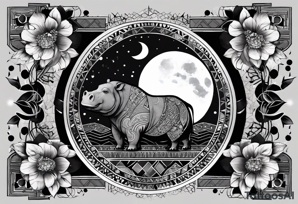 Very asymmetrical, +geometric pattern, with realistic full moon, with hippo,+tribal, +geometric, +inkart , +blackwork, +grey scale, + sketch
with wintersweet flower bud, +inkart touch, +for men, detailed , combined favourite , tattoo idea
