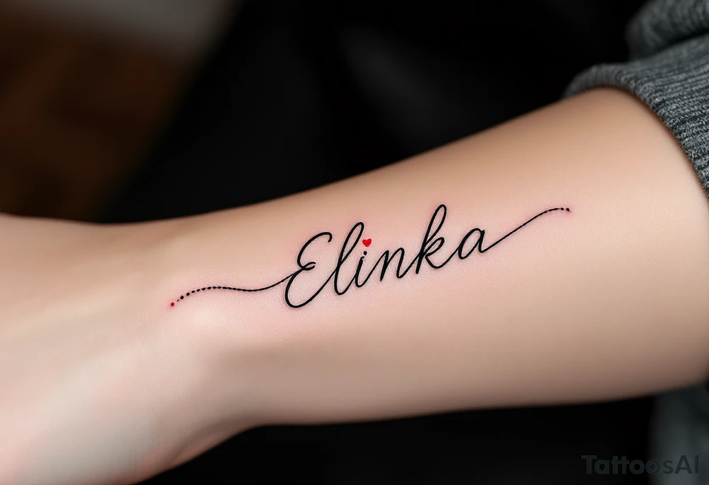 A delicate red heart with the name Elinka written in flowing script across the center. tattoo idea