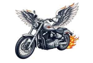 Harley grey motorcycle driving away, flames, angel wings tattoo idea