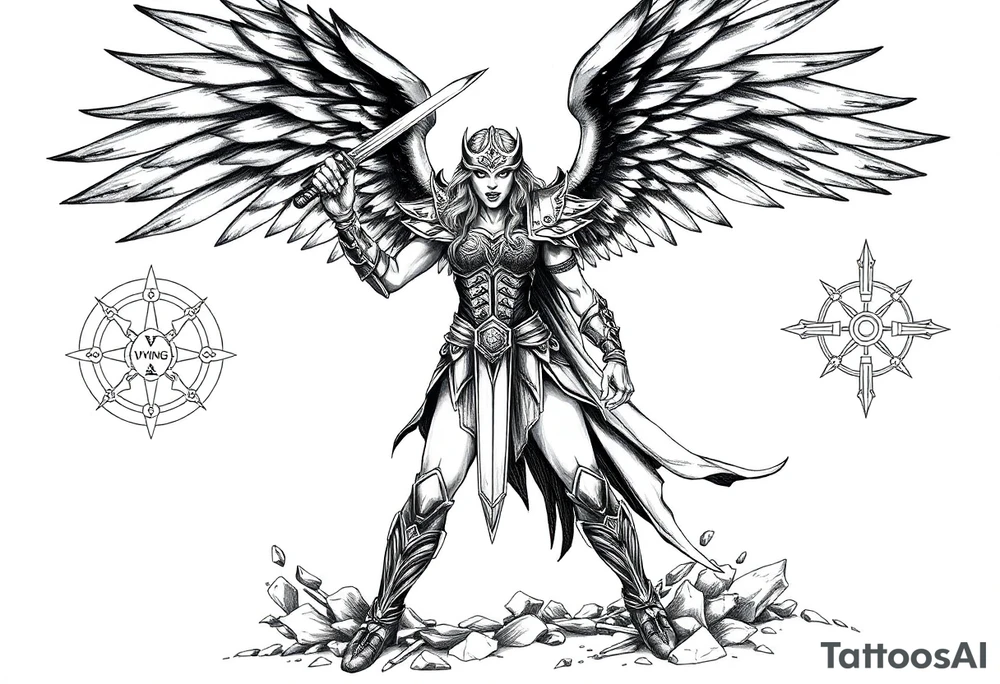 A fierce looking Valkyrie with very big dark wings. The whole body with legs should be visible.
She has armor.
She is standing in a battle ready pose with a sword held high.

She is screaming.

In the background there is a viking shield on the left side and a vegvisir symbol on the right tattoo idea