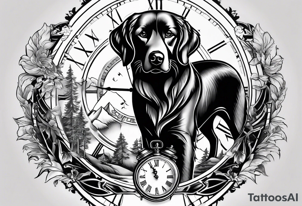 a tattoo mixing a clock and an hourglass in black and white where the year 1979 appears. and a golden retriever head tattoo idea