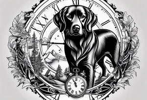 a tattoo mixing a clock and an hourglass in black and white where the year 1979 appears. and a golden retriever head tattoo idea