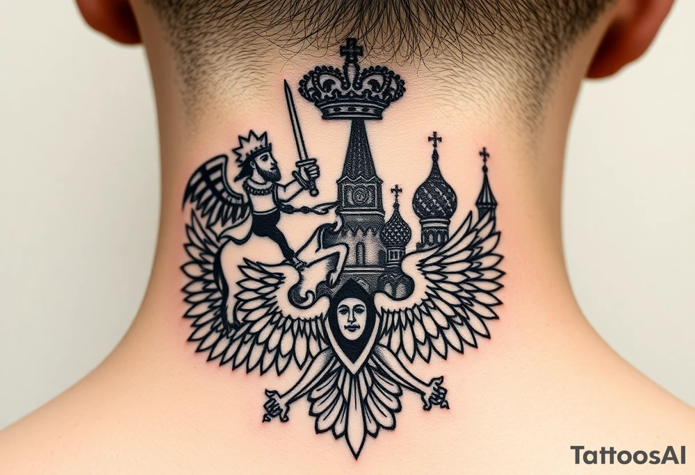 St. George slaying the dragon (hugely common in Russian Orthodox art)
Russian imperial crown above the eagle
Crossed swords or a Russian sabre
The Kremlin or St. Basil's Cathedral scene tattoo idea