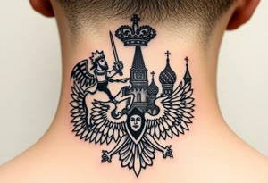 St. George slaying the dragon (hugely common in Russian Orthodox art)
Russian imperial crown above the eagle
Crossed swords or a Russian sabre
The Kremlin or St. Basil's Cathedral scene tattoo idea
