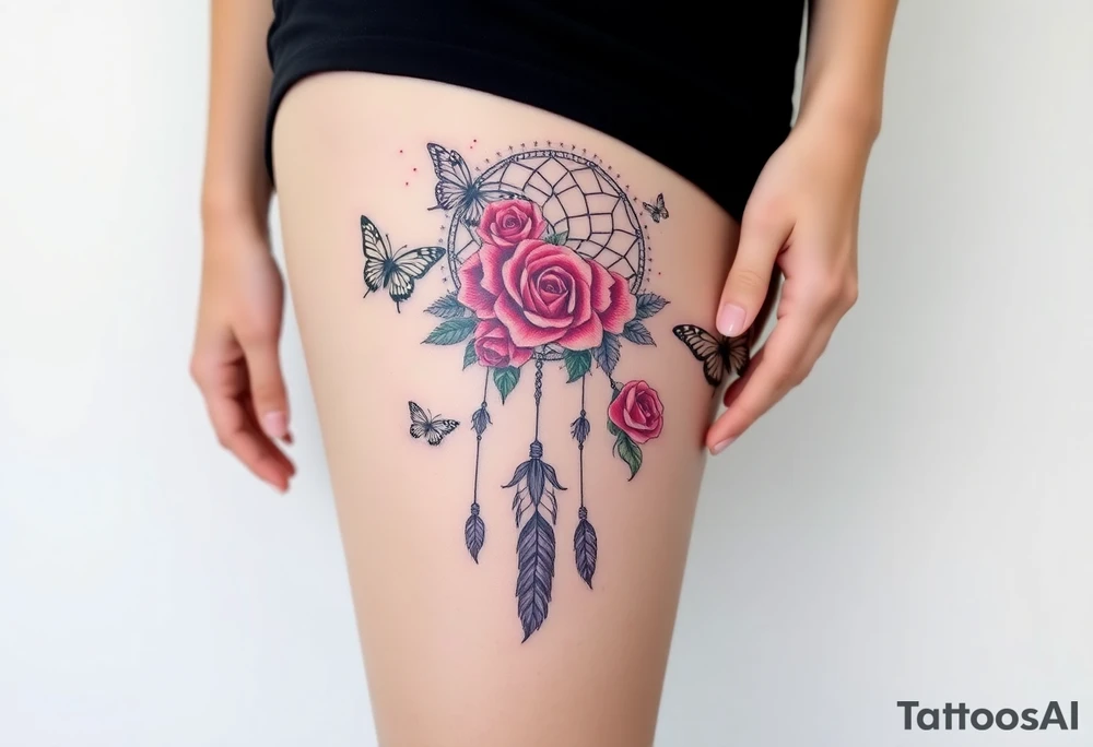 Dreamcatcher roses and butterflies tattoo idea