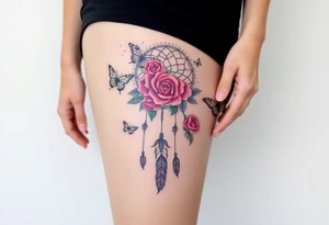 Dreamcatcher roses and butterflies tattoo idea