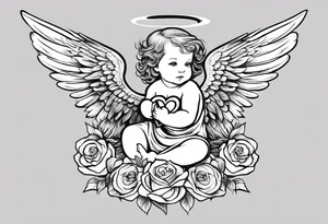 Baby Angel holding heart, side way flying with name Leah tattoo idea