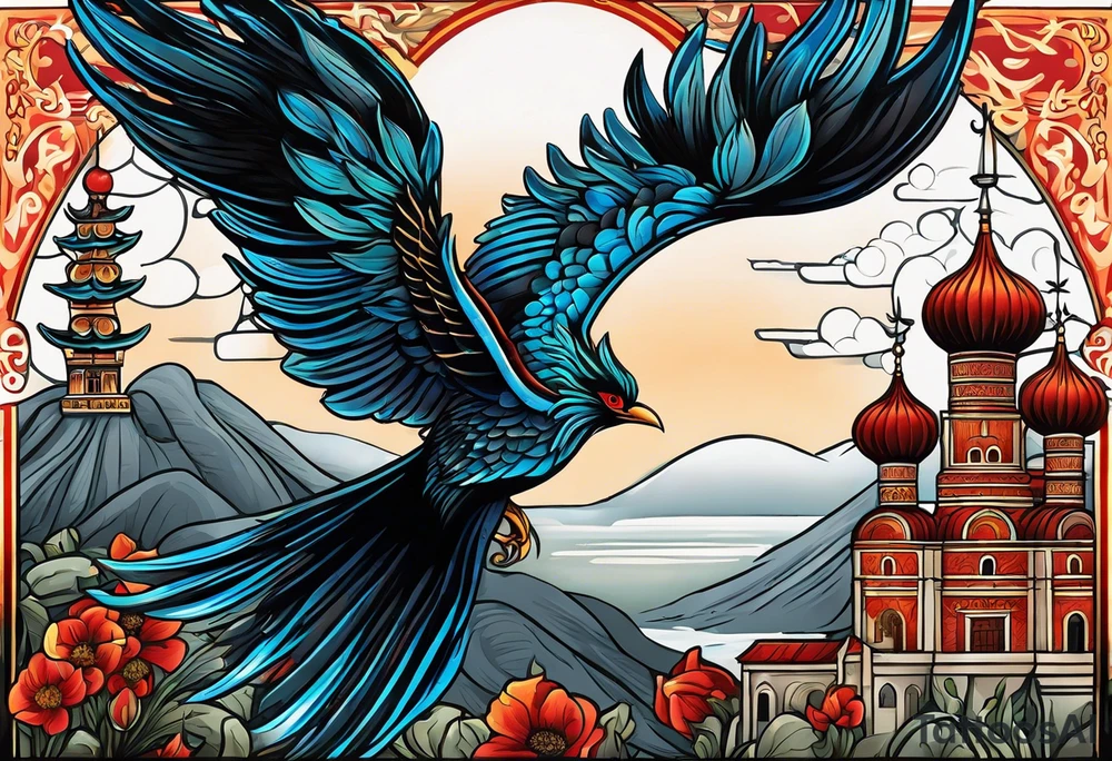 russian firebird in-flight with long fancy tail and 3 small onion cap monastery towers in background, with "Isaiah 43: 18-19" tattoo idea