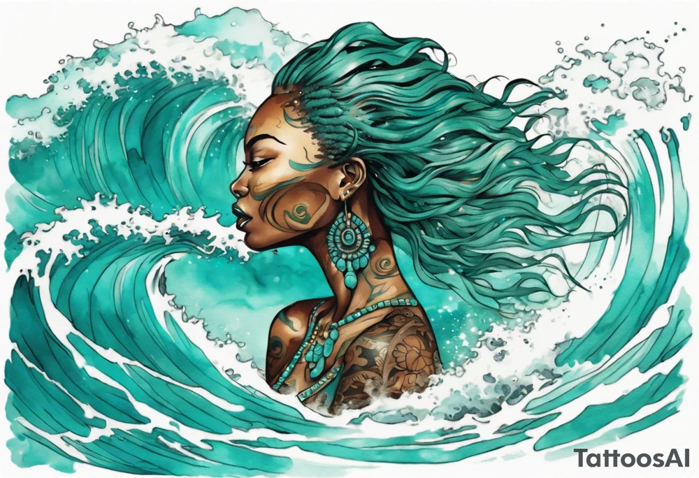 a beautiful turquoise african face emerging from an ocean wave, crashing onto the shore tattoo idea