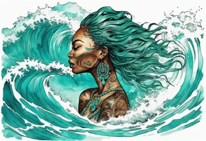 a beautiful turquoise african face emerging from an ocean wave, crashing onto the shore tattoo idea