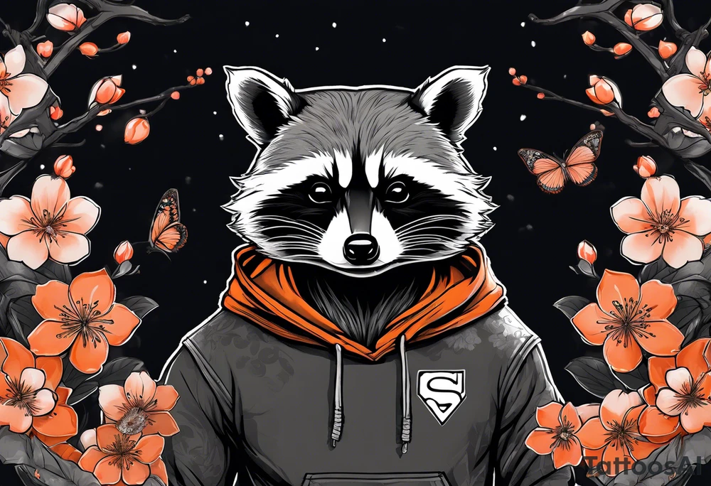 Raccoon wearing a white Superman logo on a black hoodie and orange Japanese cherry blossoms beside tattoo idea