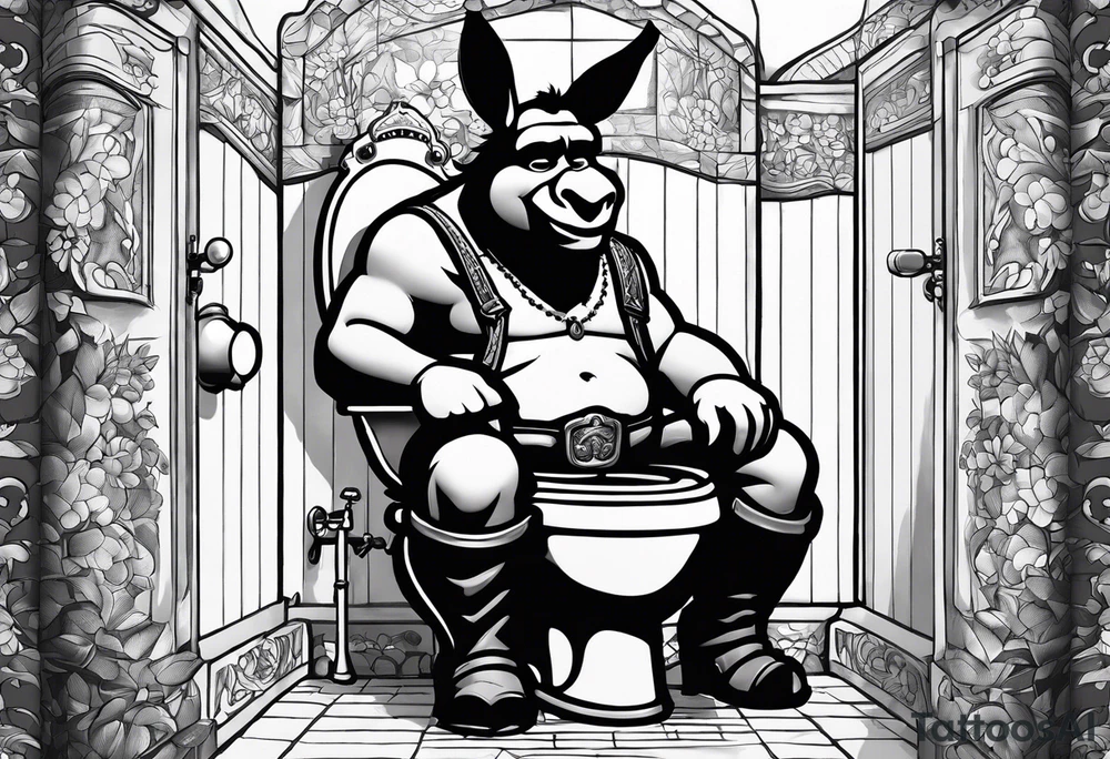 Very epic toilet with donkey from shrek sitting on it tattoo idea