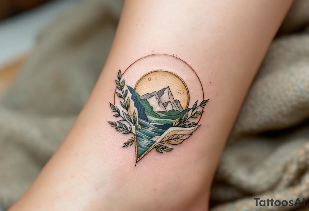 A modern geometric Virgo design, featuring earth elements like mountains, leaves, and flowing water. The tattoo is crafted in olive green, warm beige, and gold accents, emphasizing Virgo’s deep-rooted connection to nature and wisdom. tattoo idea