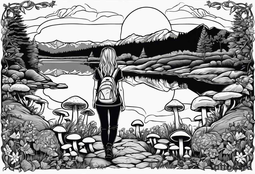 Whole picture encircled fully

Straight long blonde hair hippie girl in distance holding mushrooms in hand facing away toward mountains and creek surrounded by mushrooms long sleeve shirt and hiking pants; whole rendering within a full celtic circle, no cut off circle tattoo idea
