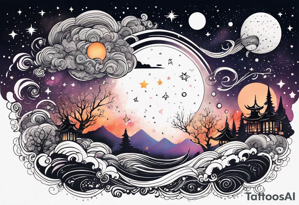 Ominous creepy Eerie Celestial Galaxy scene with beautiful details of gas stars and space realistic kawaii tattoo idea