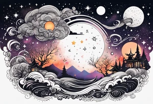 Ominous creepy Eerie Celestial Galaxy scene with beautiful details of gas stars and space realistic kawaii tattoo idea