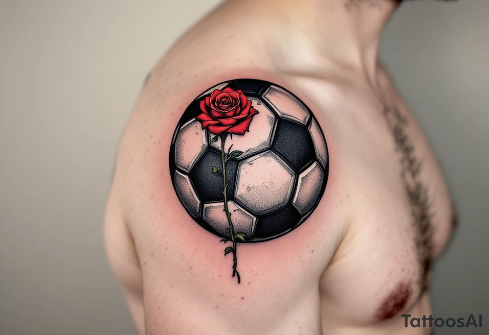 A black and gray soccer ball inked with a red rose growing through its panels. tattoo idea
