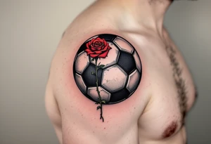 A black and gray soccer ball inked with a red rose growing through its panels. tattoo idea